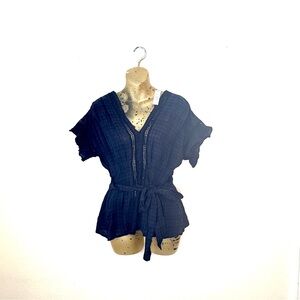 Max Studio Navy Blue Tie Waist Ruffle Blouse Top Small